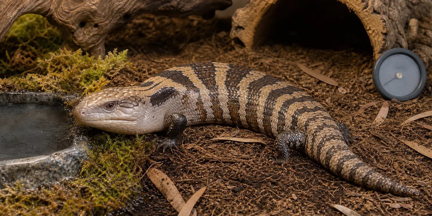 Adult eastern blue-tongued skink beside a clean measured moist hide and dry burrowing area in a well-ventilated habitat.