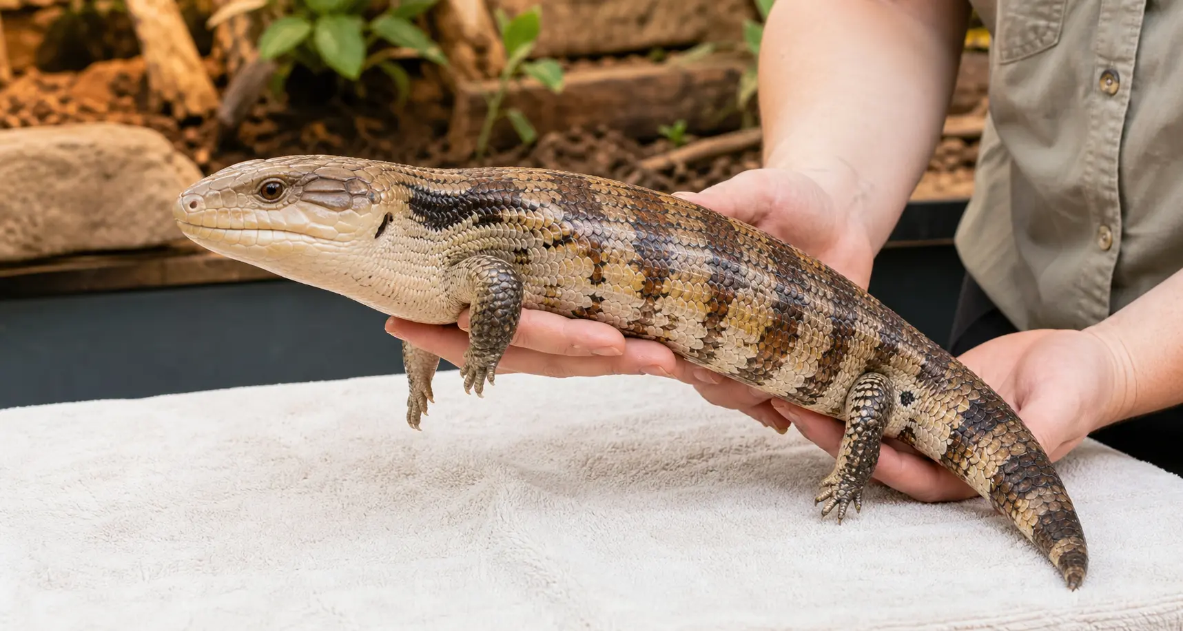 Adult eastern blue-tongued skink standing calmly during a gentle post-shed check of its toes, tail tip, and skin folds.