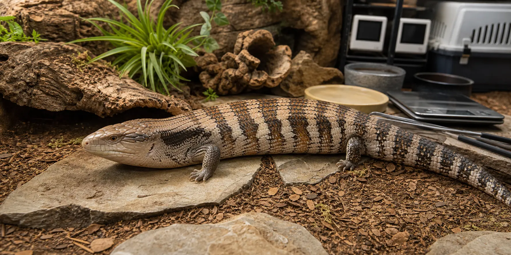 Adult eastern blue-tongued skink in a finished broad habitat beside organized lighting, climate controls, dishes, feeding tools, a scale, and a carrier.