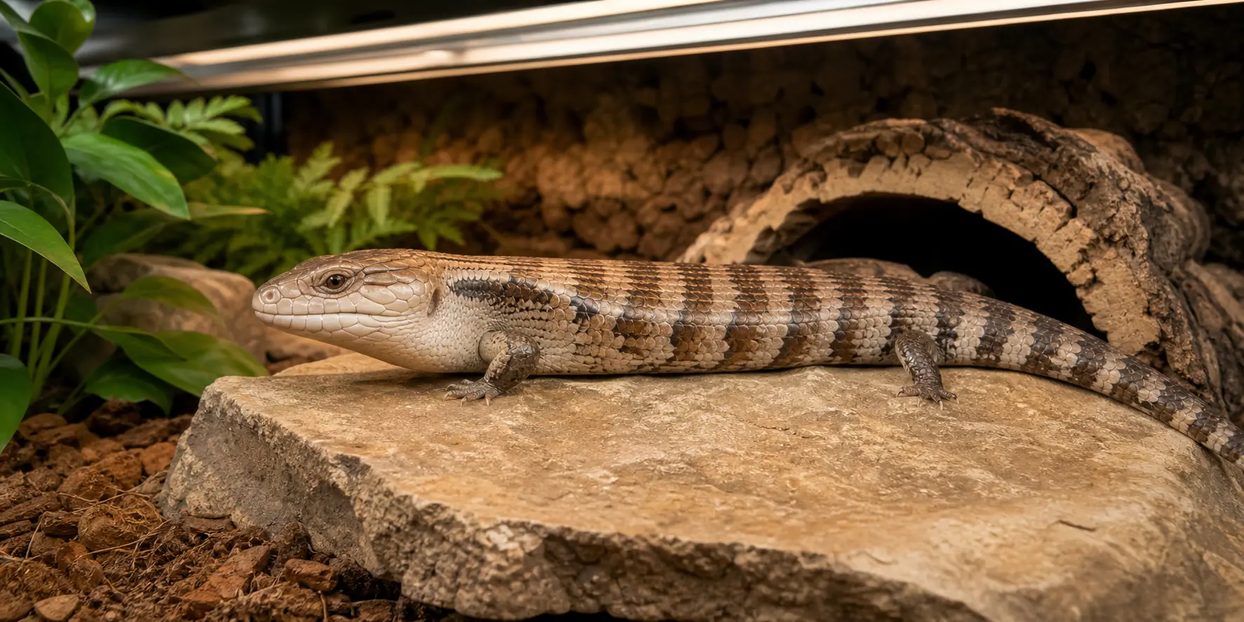 Adult eastern blue-tongued skink using a broad basking platform beneath linear UVB with deep shade immediately available.