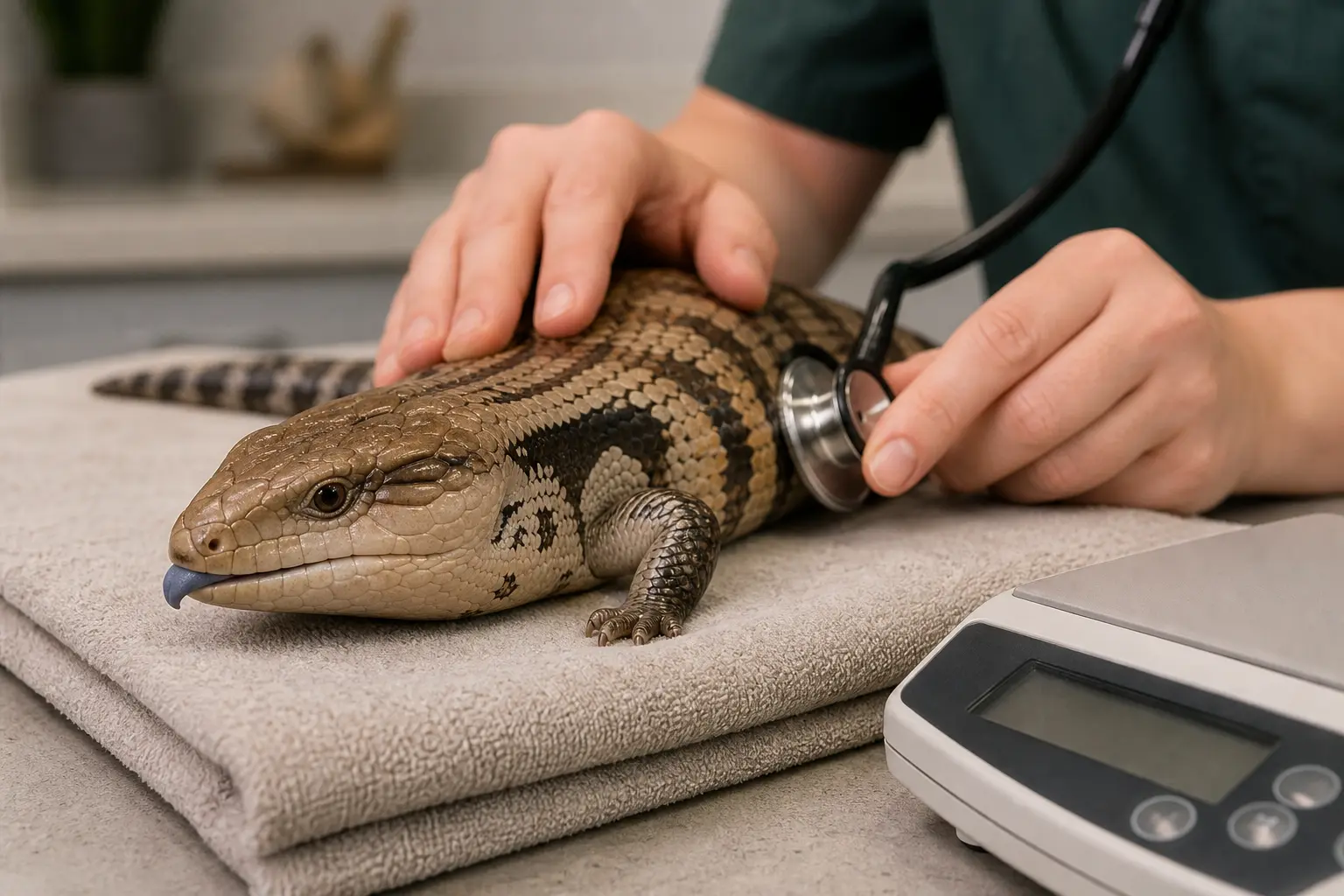 Healthy adult eastern blue-tongued skink receiving a calm routine examination from a reptile veterinarian on a clean towel.