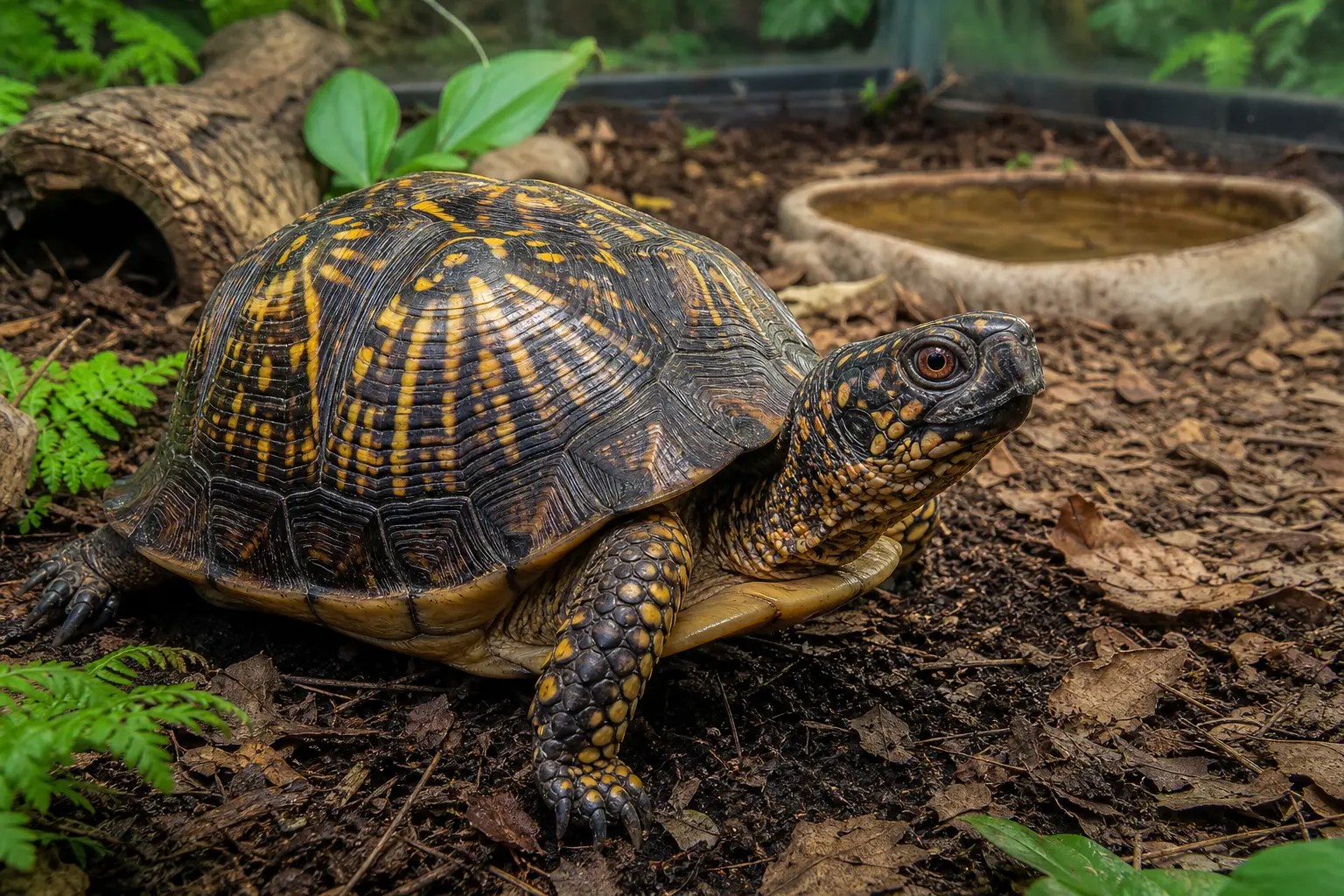 Alert adult common box turtle exploring deep woodland leaf litter with its high-domed dark shell, warm yellow-orange markings, patterned head, and sturdy legs in view.