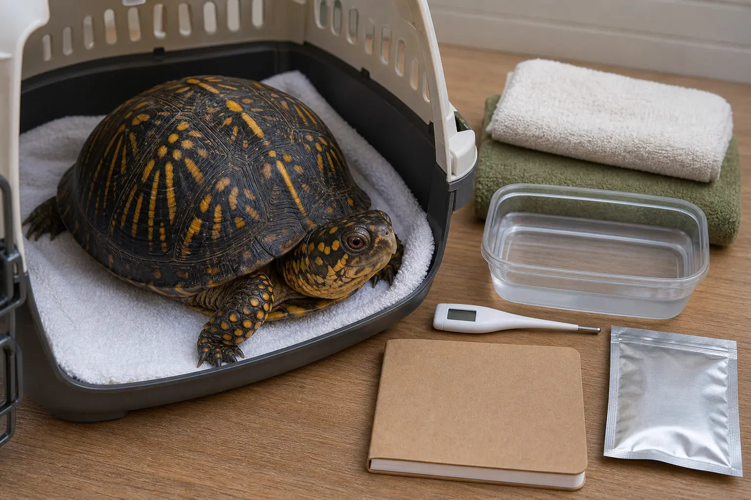 Adult common box turtle with a dark yellow-orange patterned shell and sturdy legs beside a secure ventilated carrier, clean liner, digital thermometer, blank care notebook, and safely buffered temperature pack.