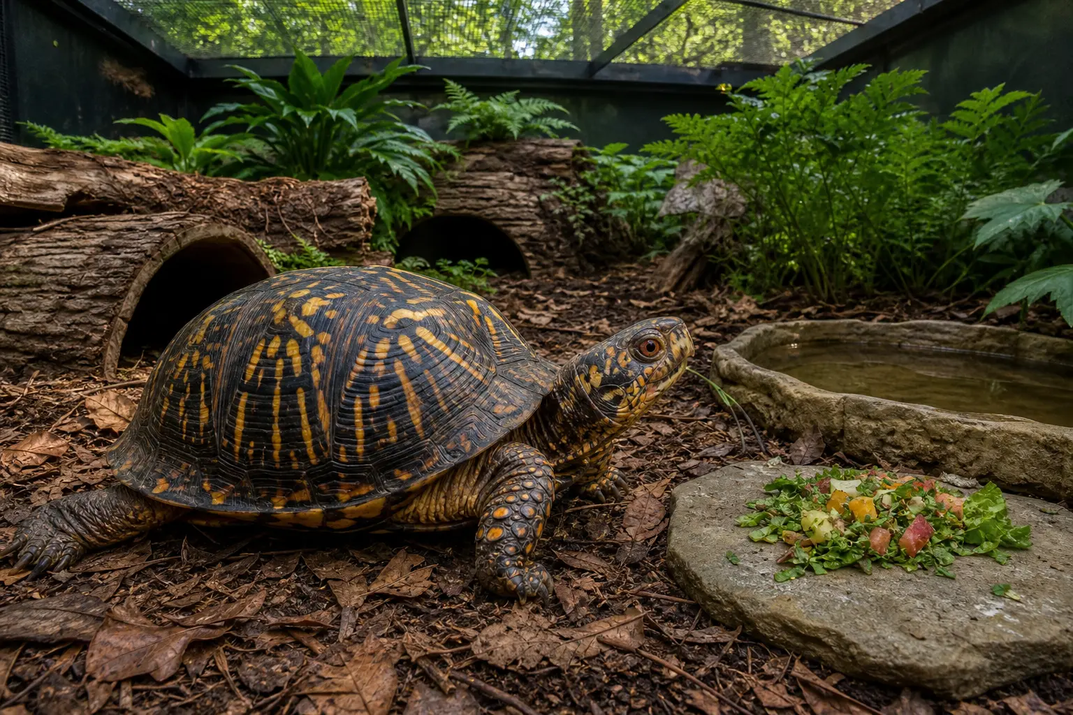 Adult common box turtle with a dark yellow-orange patterned shell and sturdy legs inside a secure adult habitat with species-appropriate cover, routes, water, and measured climate choices.