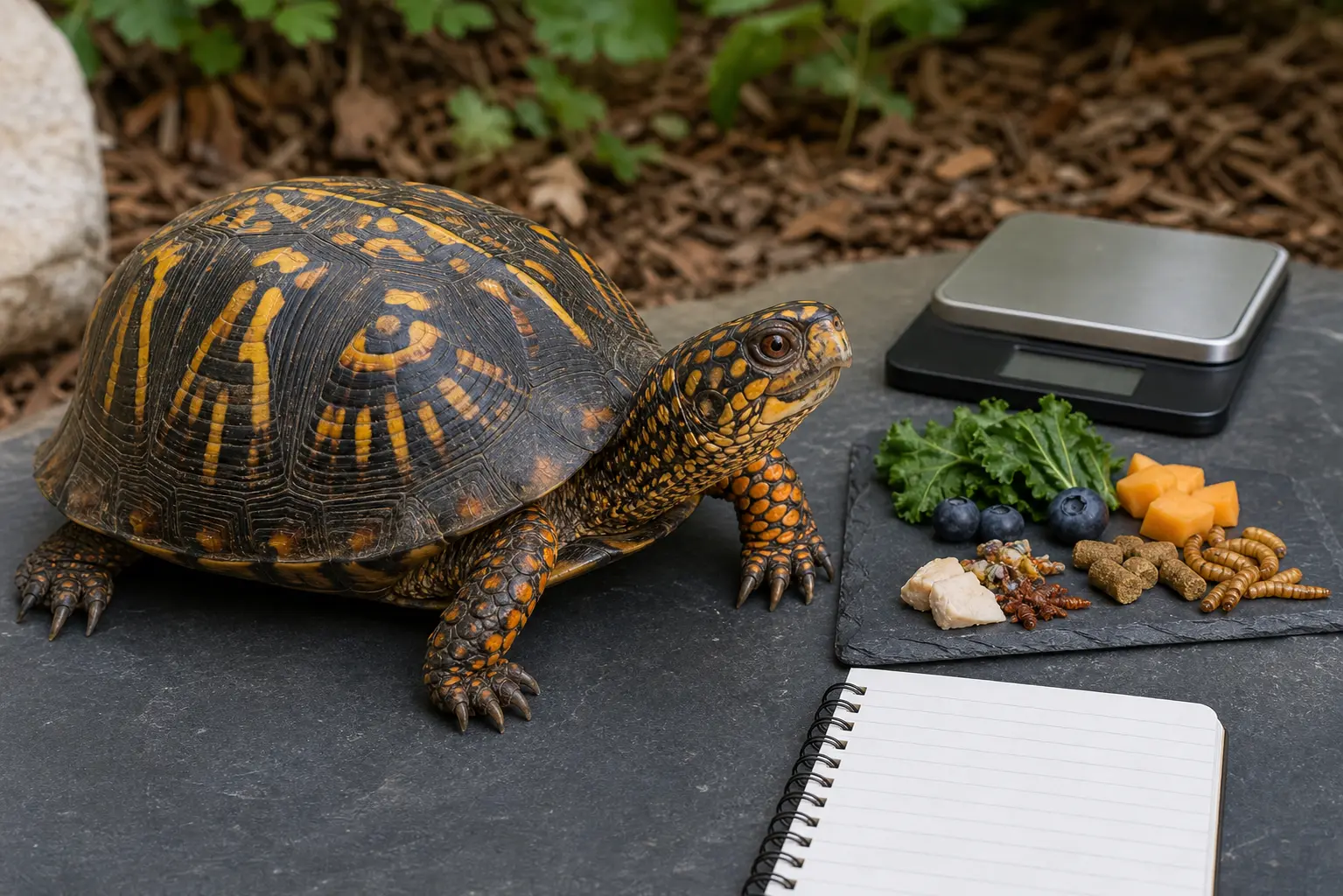 Adult common box turtle with a dark yellow-orange patterned shell and sturdy legs beside a measured meal, a gram scale, clean feeding tools, and a closed care notebook.