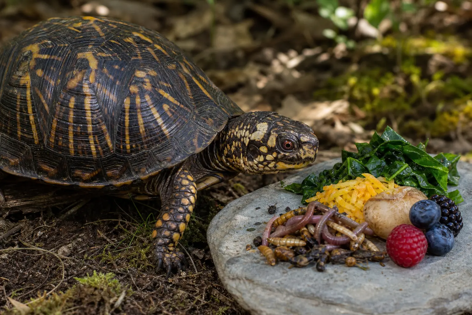 Adult common box turtle with a dark yellow-orange patterned shell and sturdy legs approaching a varied species-appropriate measured meal prepared on a clean feeding surface.