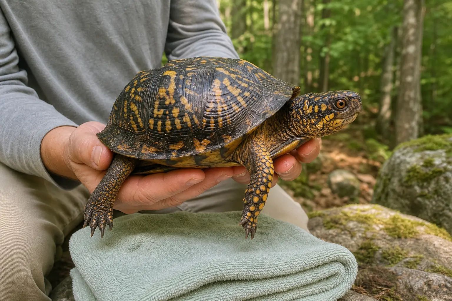 Adult common box turtle with a dark yellow-orange patterned shell and sturdy legs fully supported low over a clean towel during a brief calm handling session.