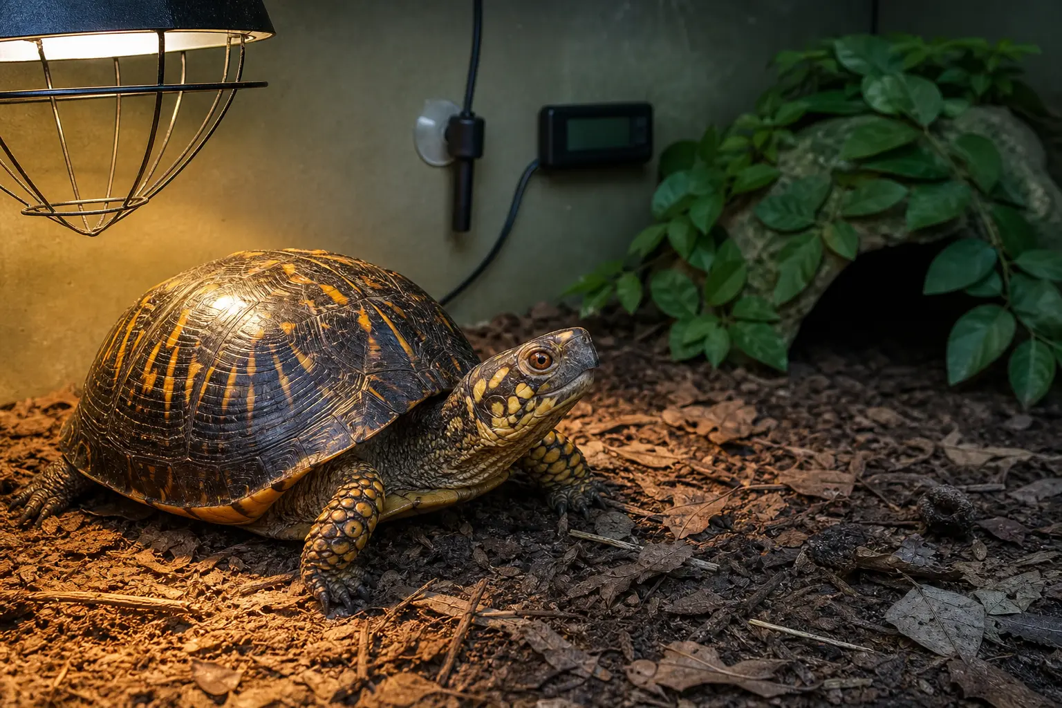 Adult common box turtle with a dark yellow-orange patterned shell and sturdy legs using a measured warm zone beside guarded thermostat-controlled heat and a shaded cool retreat.