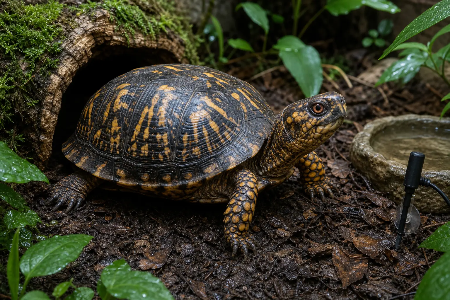 Adult common box turtle with a dark yellow-orange patterned shell and sturdy legs beside species-appropriate moisture, dry footing, clean water, ventilation, and a blank hygrometer.