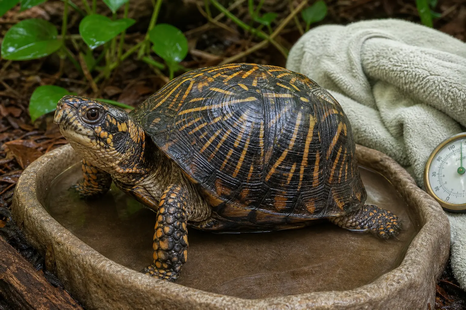 Adult common box turtle with a dark yellow-orange patterned shell and sturdy legs during a calm post-shed visual check without pulling skin or shell material.