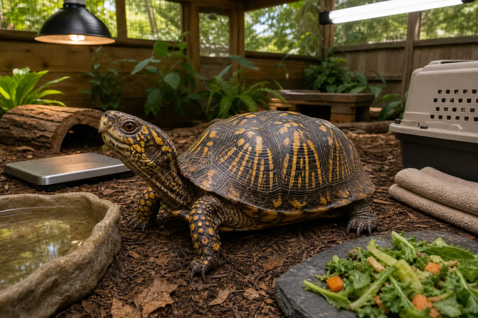 Adult common box turtle with a dark yellow-orange patterned shell and sturdy legs in a finished habitat beside organized climate controls, lighting, care tools, a scale, and a carrier.