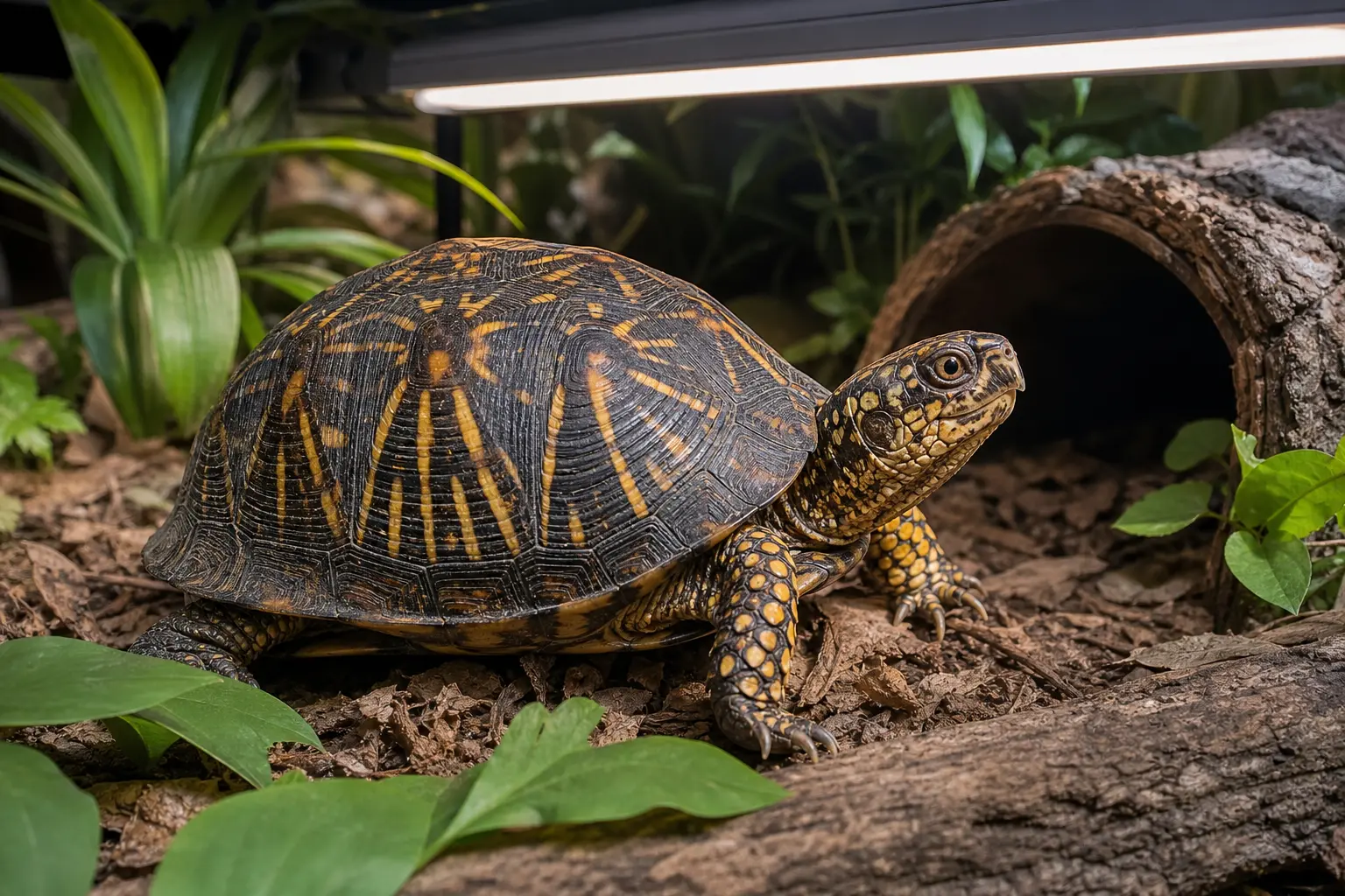 Adult common box turtle with a dark yellow-orange patterned shell and sturdy legs using a measured UVB-and-shade gradient with a clear route into complete cover.