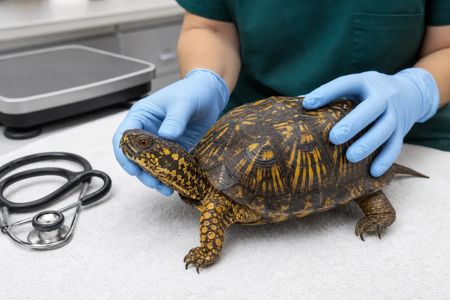 Adult common box turtle with a dark yellow-orange patterned shell and sturdy legs receiving a calm non-invasive wellness examination from a reptile veterinarian on a clean towel.