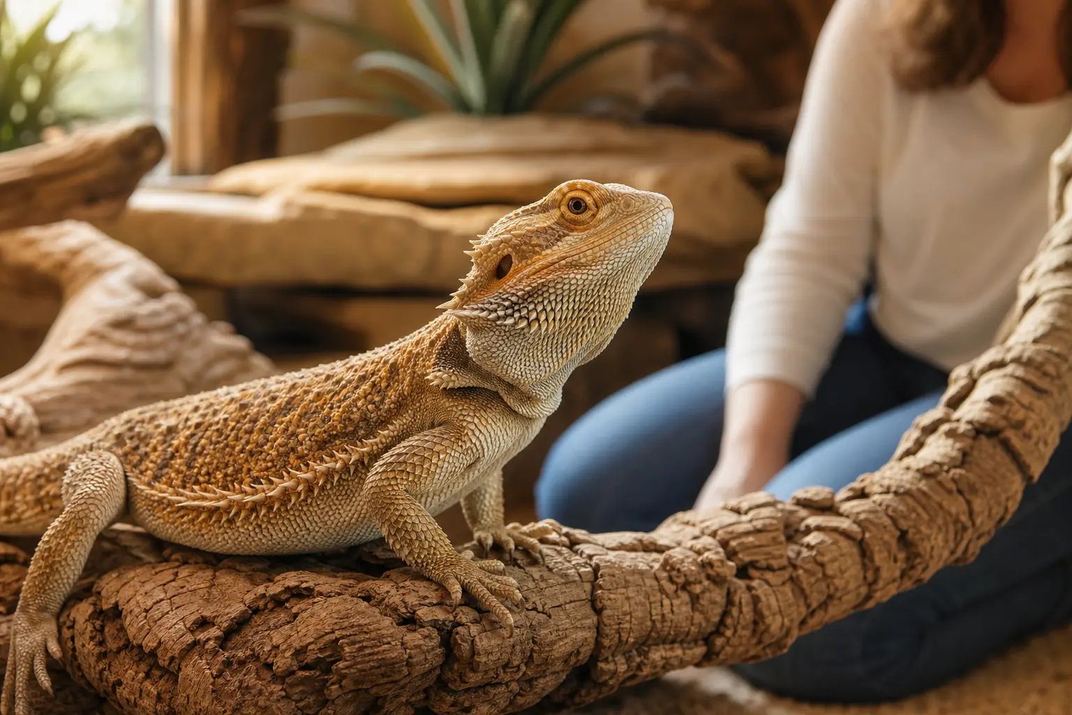 Healthy adult bearded dragon watching its keeper from a broad cork branch.