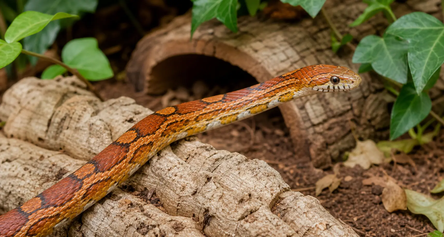 Alert adult corn snake exploring pale cork in a secure naturalistic enclosure with its orange-red saddle pattern and clear eye in close view.