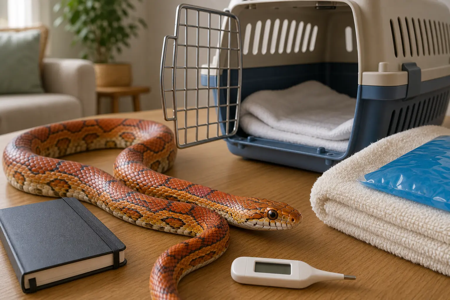 Healthy adult corn snake beside a latched ventilated carrier, clean liner, digital thermometer, blank care notebook, and safely buffered temperature pack.