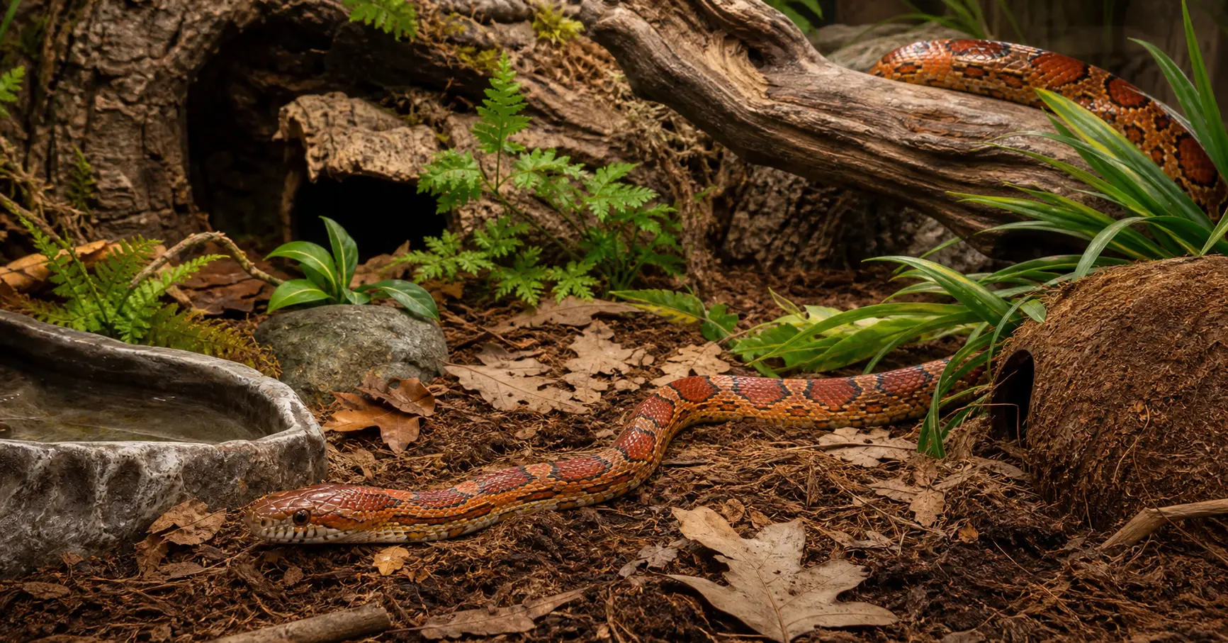 Adult corn snake exploring a secure adult-length enclosure with snug warm and cool hides, branches, burrowing substrate, a humid retreat, and fresh water.