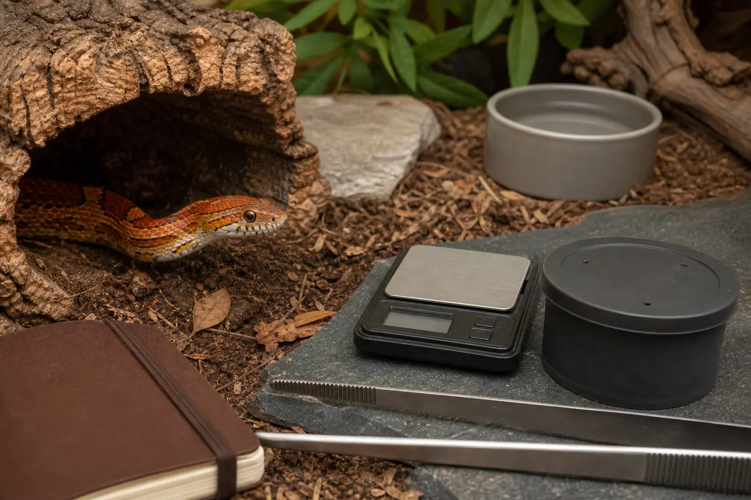 Adult corn snake watching from a snug hide beside a sealed prey container, long feeding tongs, a gram scale, and a closed care notebook.