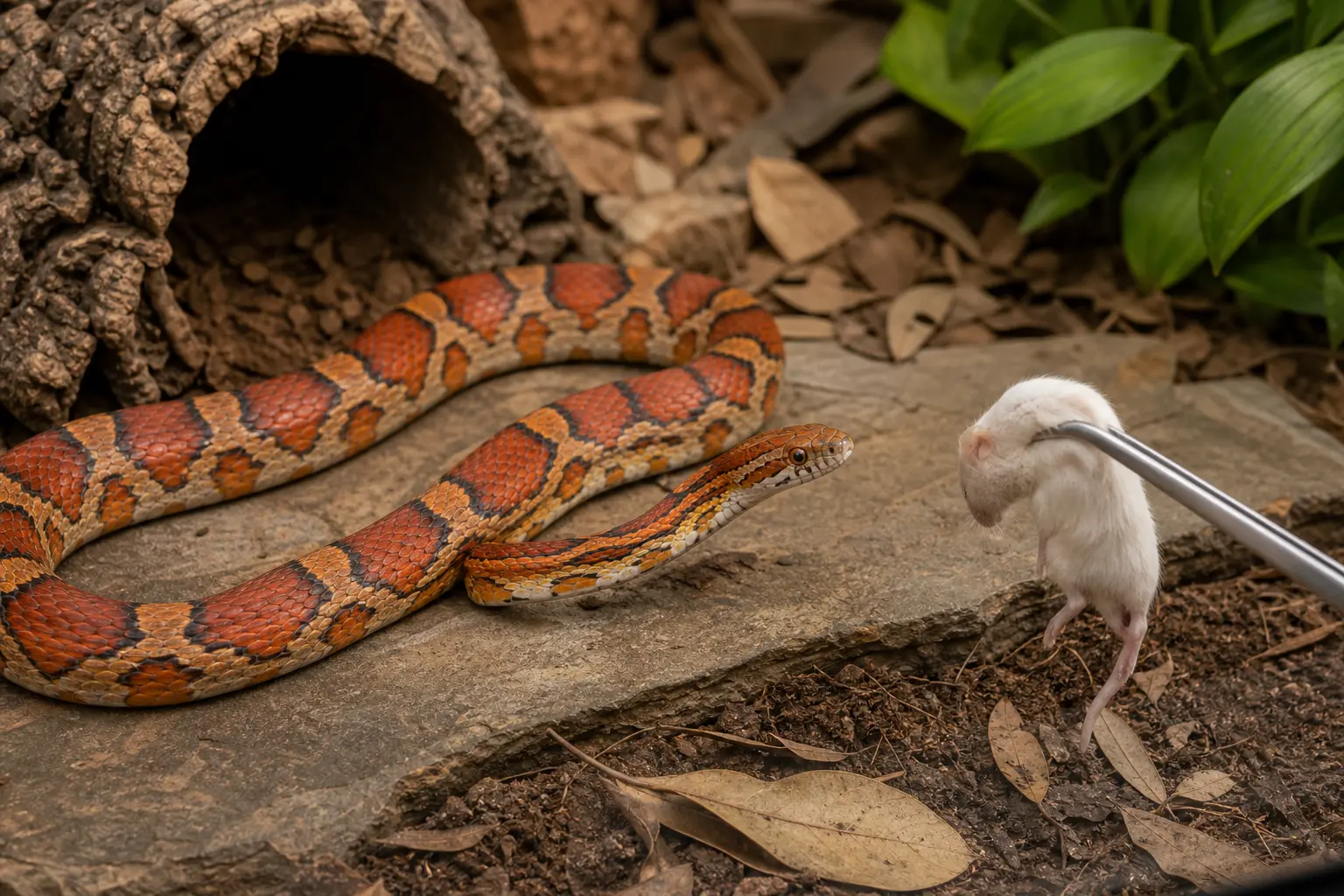 Adult corn snake calmly watching an appropriately sized fully thawed feeder mouse presented with long feeding tongs inside its secure enclosure.