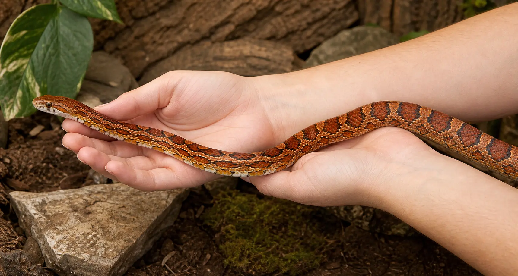 Adult corn snake moving calmly across two open hands and forearms with its long body continuously supported.