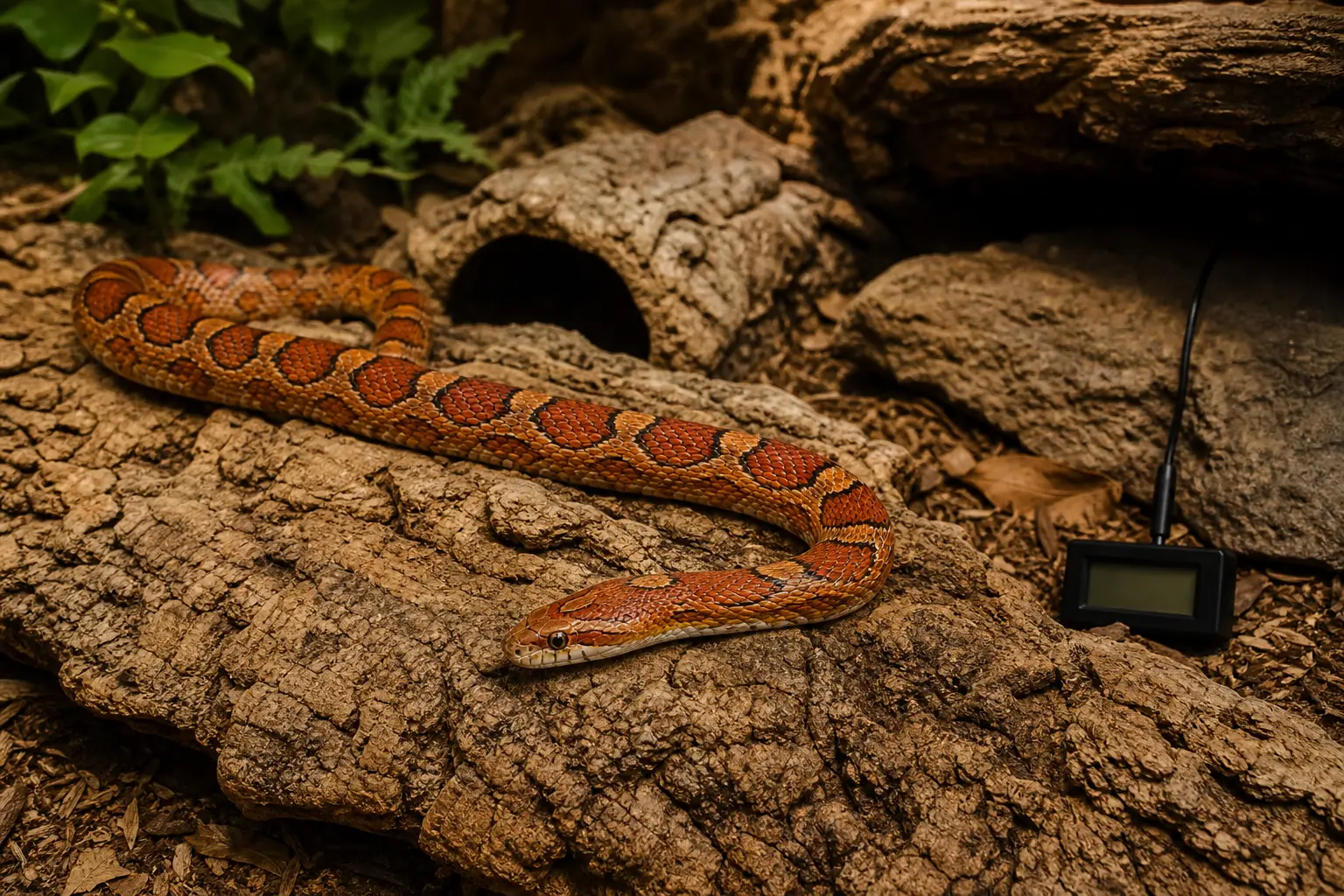 Adult corn snake resting near a guarded overhead basking zone with fixed probes, blank thermometers, and a shaded cool retreat across the enclosure.