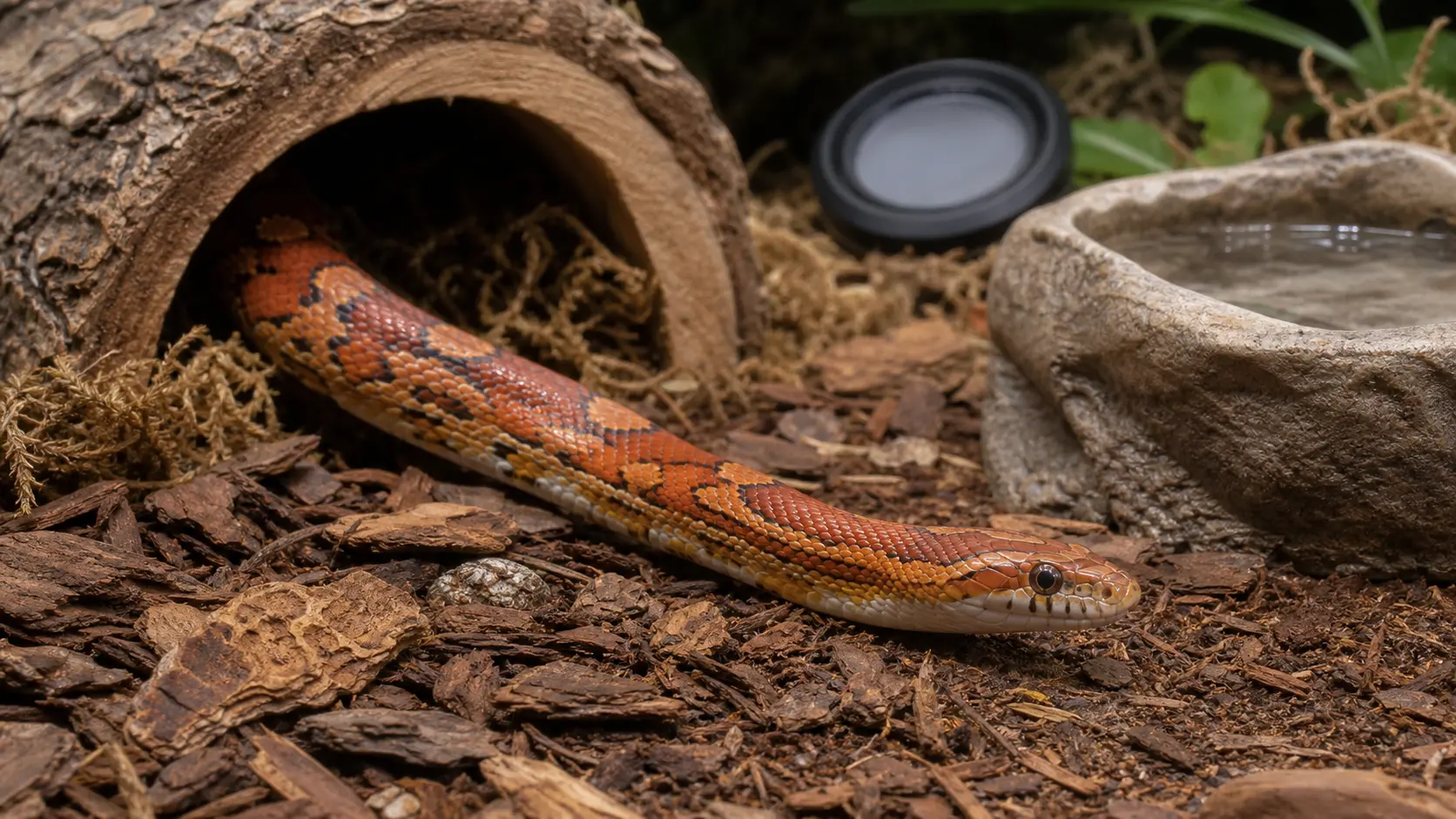Adult corn snake at a humid-hide entrance in a clean ventilated enclosure with dry ground, fresh water, and a blank hygrometer.