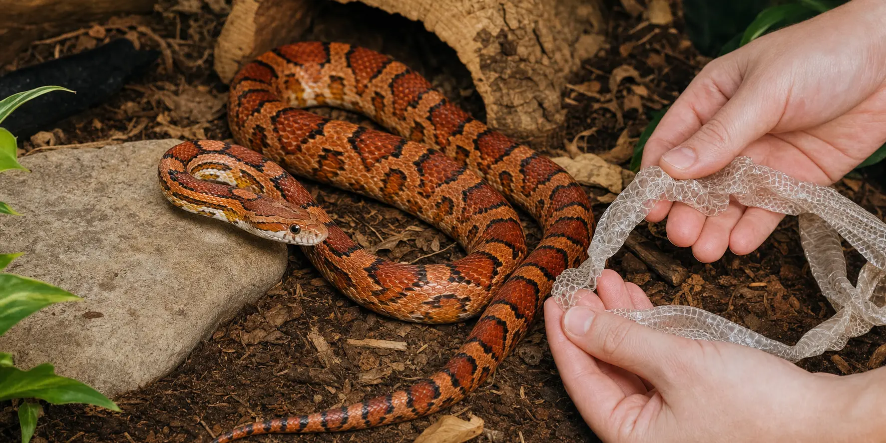 Adult corn snake beside a complete shed skin while a keeper checks the empty shed for both eye caps and the tail tip.
