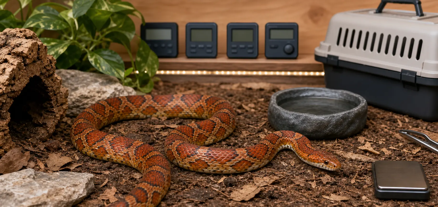 Adult corn snake in a finished secure habitat beside organized climate controls, lighting, feeding tongs, a gram scale, and a ventilated carrier.