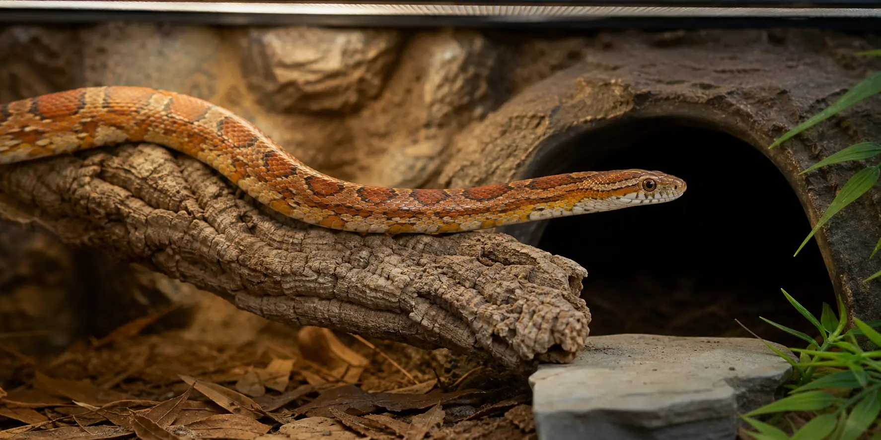 Adult corn snake moving between a gently lit basking branch beneath linear UVB and a snug fully shaded hide.