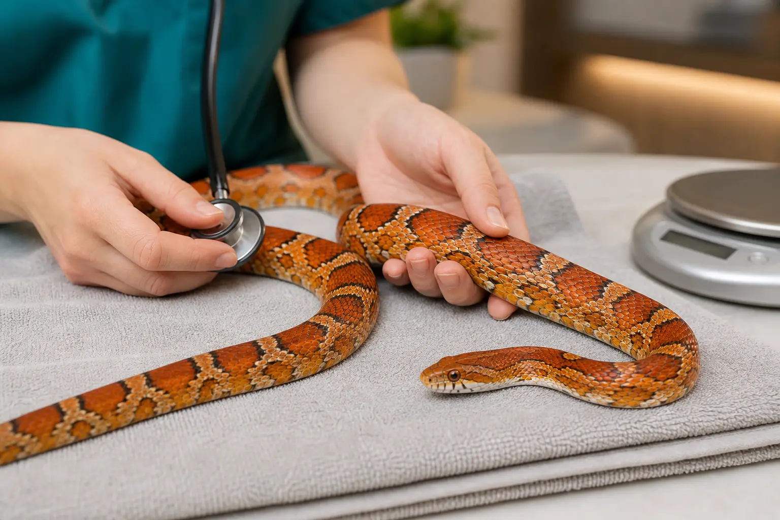 Healthy adult corn snake receiving a calm routine examination from a reptile veterinarian on a clean towel.