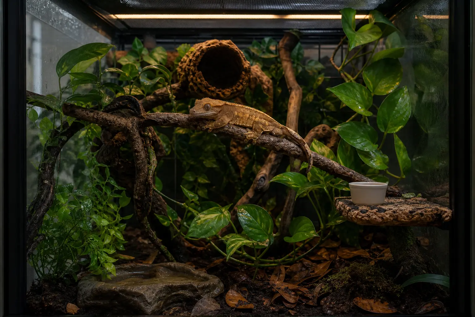 Adult crested gecko in a tall planted habitat with sturdy climbing routes, cork cover, a feeding ledge, and fresh water.