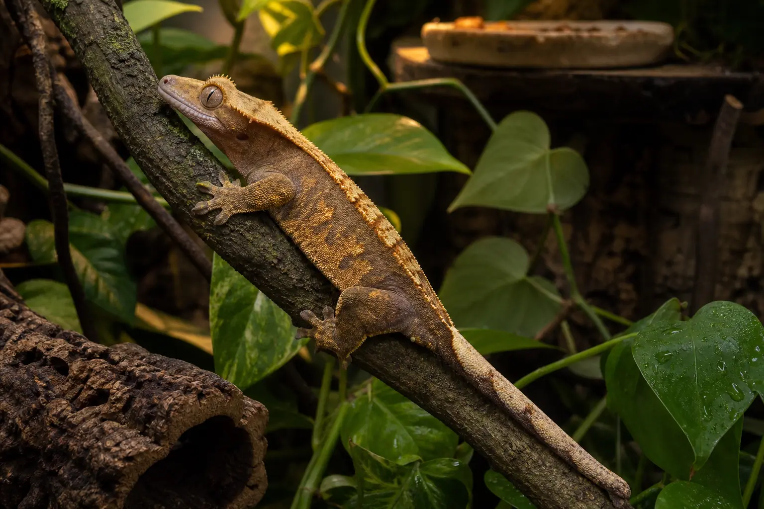 Adult crested gecko climbing a sturdy diagonal branch through leafy cover at dusk.