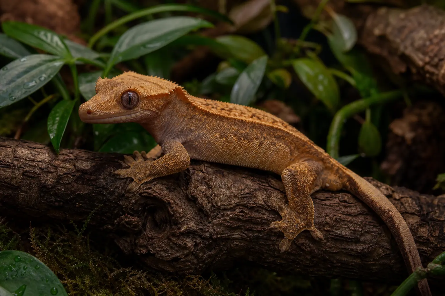 Adult crested gecko perched alertly on cork among broad leaves in soft evening light.