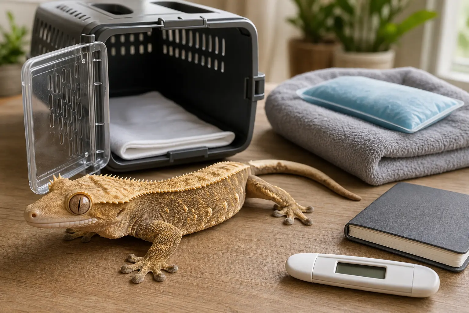 Healthy adult crested gecko beside a secure ventilated carrier, clean liner, digital thermometer, blank care notebook, and safely buffered temperature pack.
