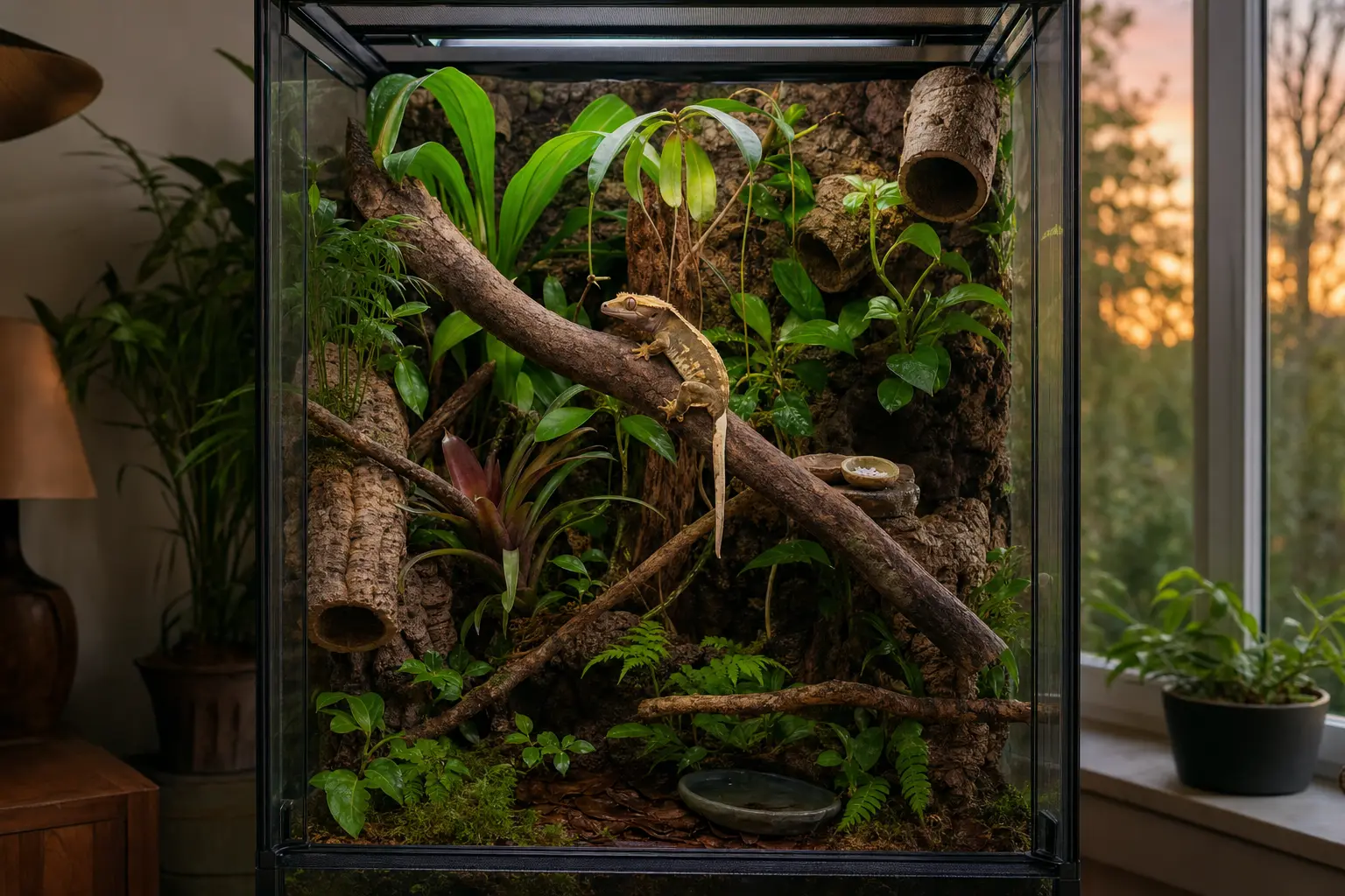 Adult crested gecko in a tall planted enclosure with secure ventilation, cork cover, connected branches, a feeding ledge, and fresh water.