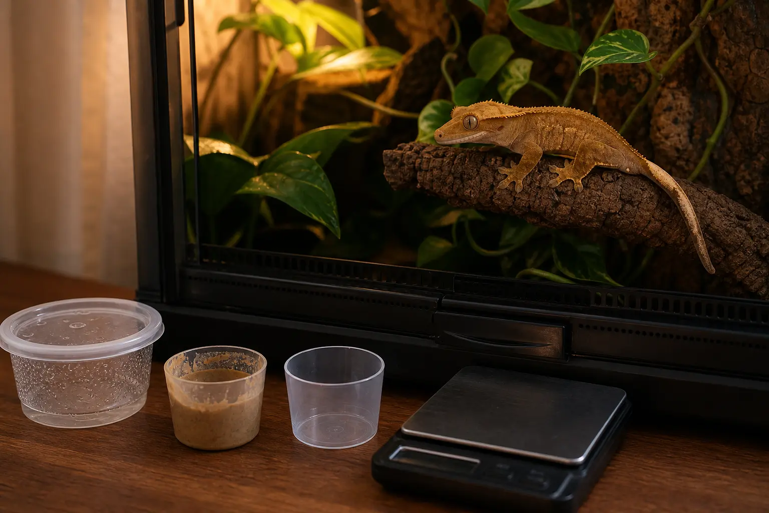 Adult crested gecko watching an evening routine with a fresh measured food portion, clean cups, and a gram scale.