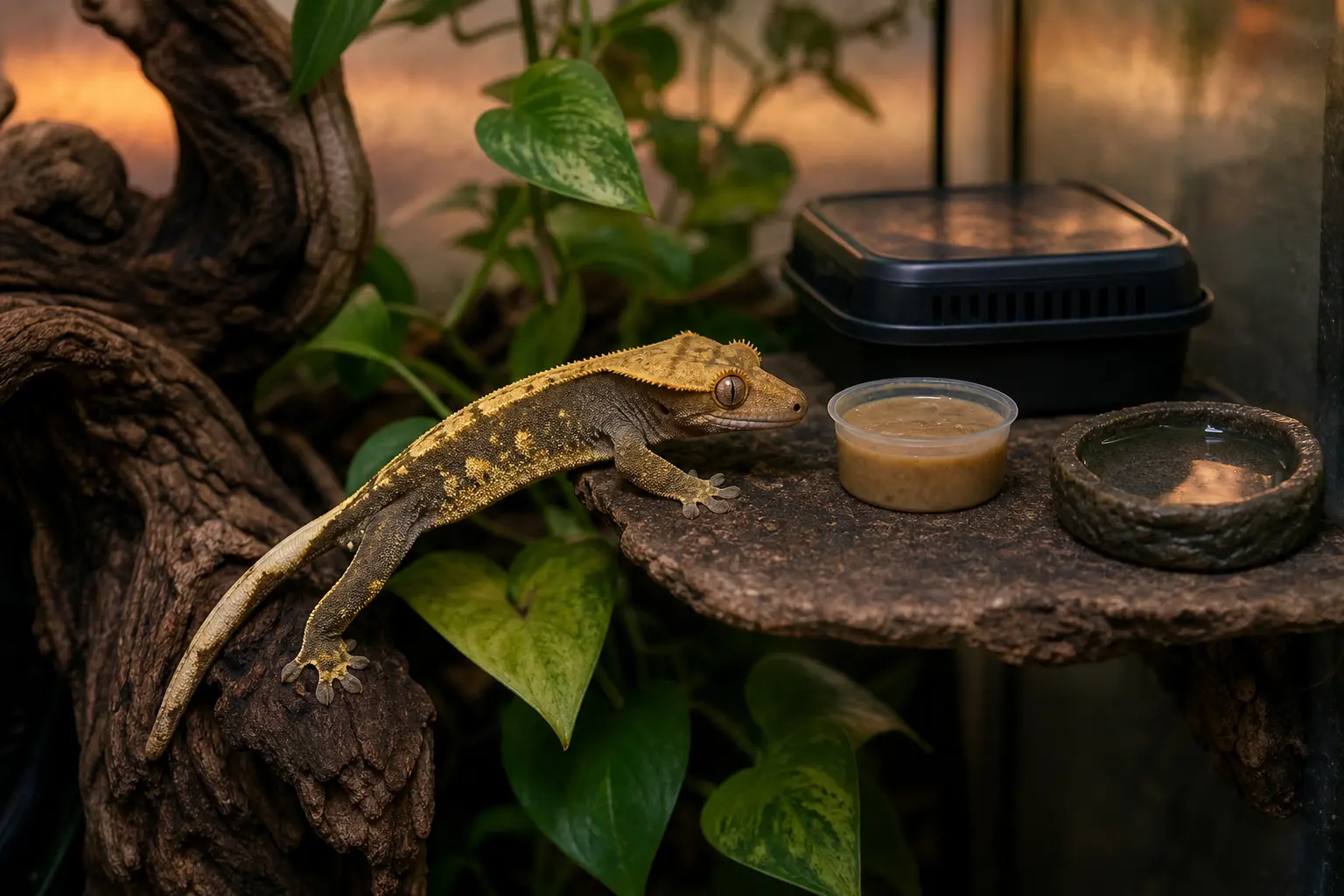 Adult crested gecko approaching a fresh portion of complete prepared food on an elevated feeding ledge.