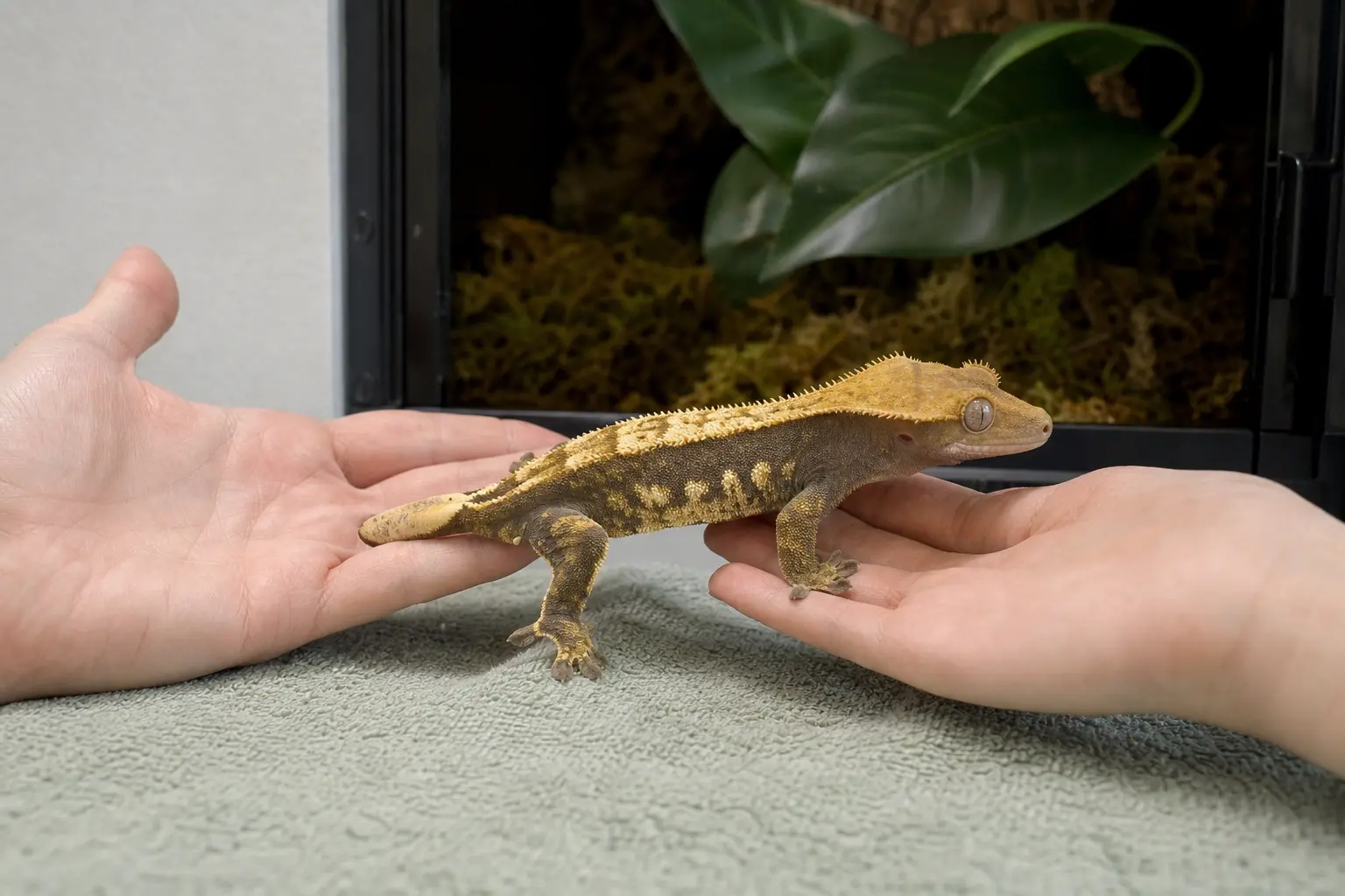Adult crested gecko stepping voluntarily across two open hands over a low towel-covered surface.