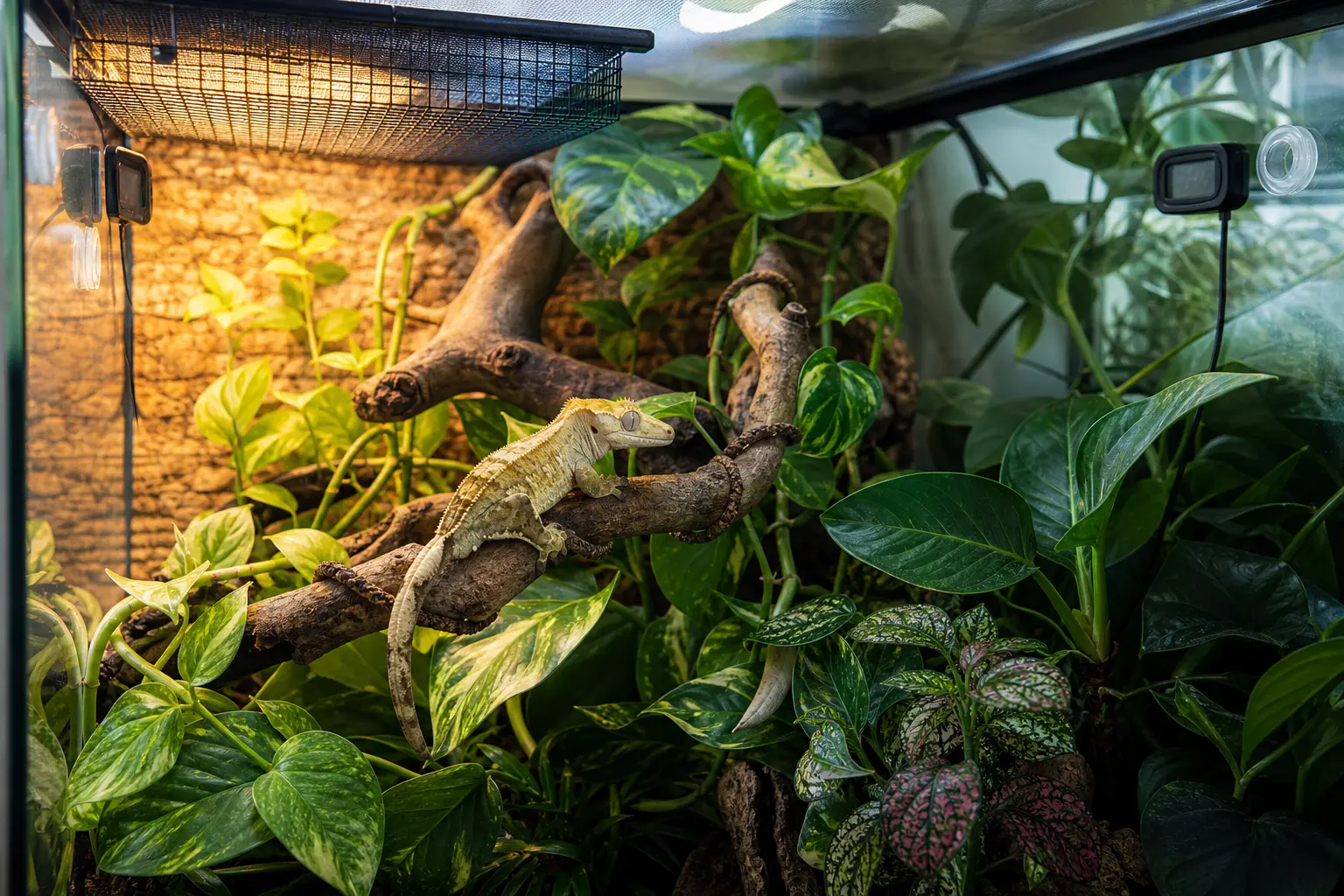 Adult crested gecko in a tall habitat with guarded overhead heat, measured warm and cool zones, ventilation, and shaded foliage.