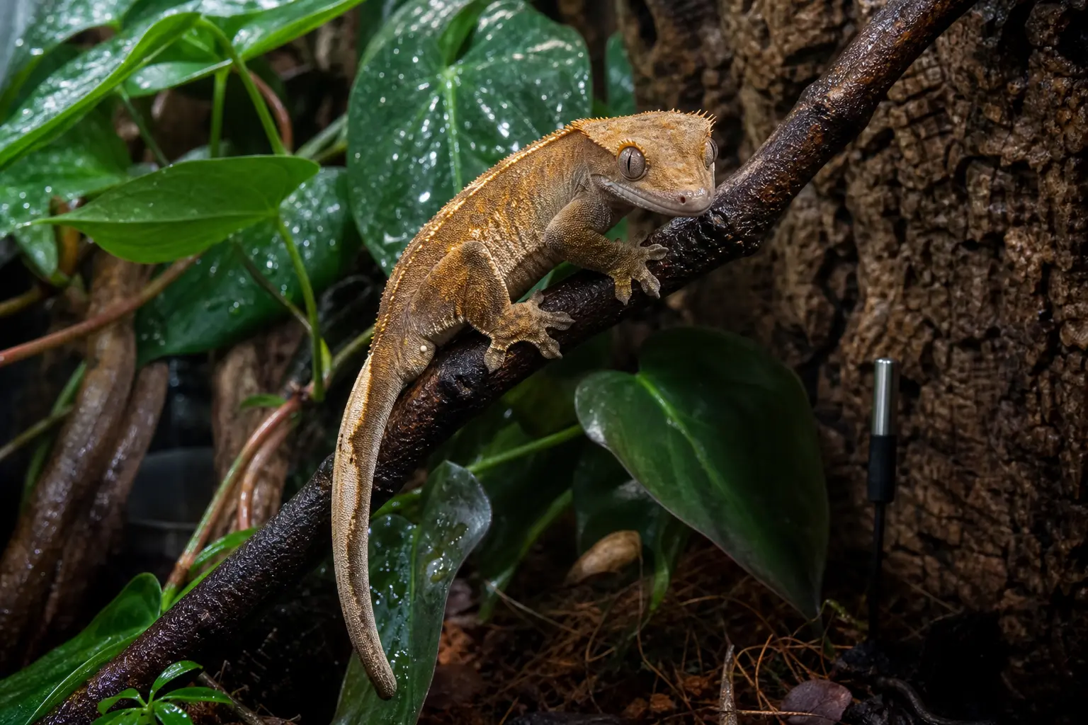 Adult crested gecko gripping a branch among lightly misted leaves in a ventilated habitat with drying space below.