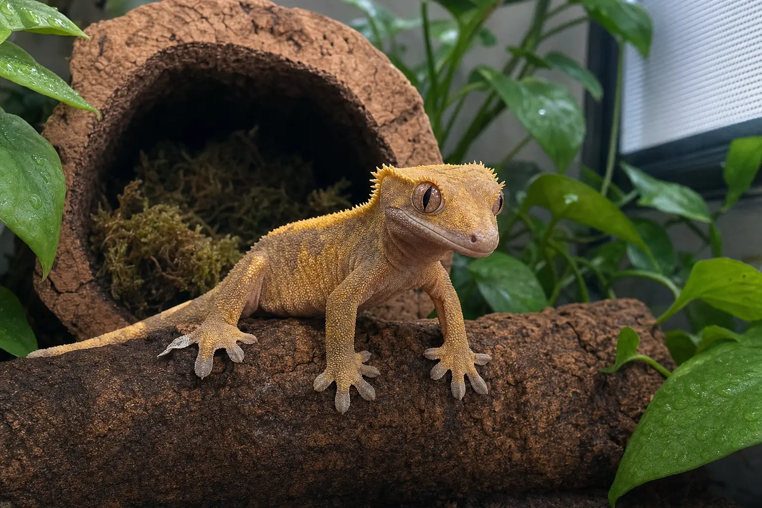 Adult crested gecko with clear eyes and intact toe pads beside a clean, lightly damp moss retreat.