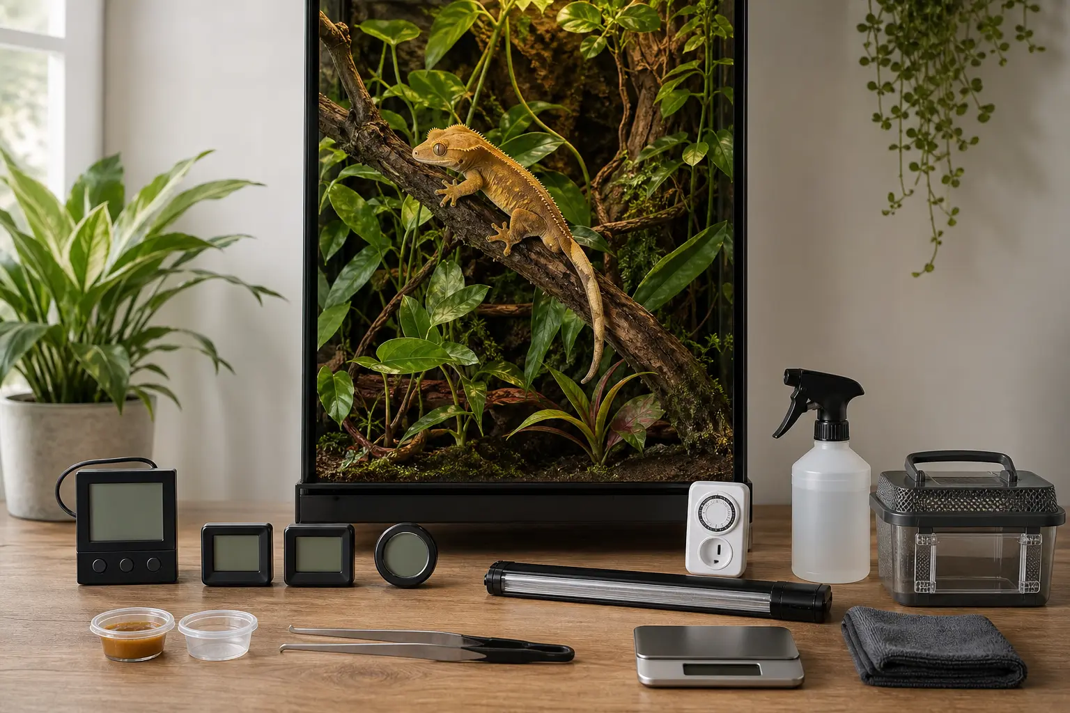 Adult crested gecko in a finished tall habitat beside organized blank-screen climate controls, lighting, feeding tools, a scale, and a carrier.