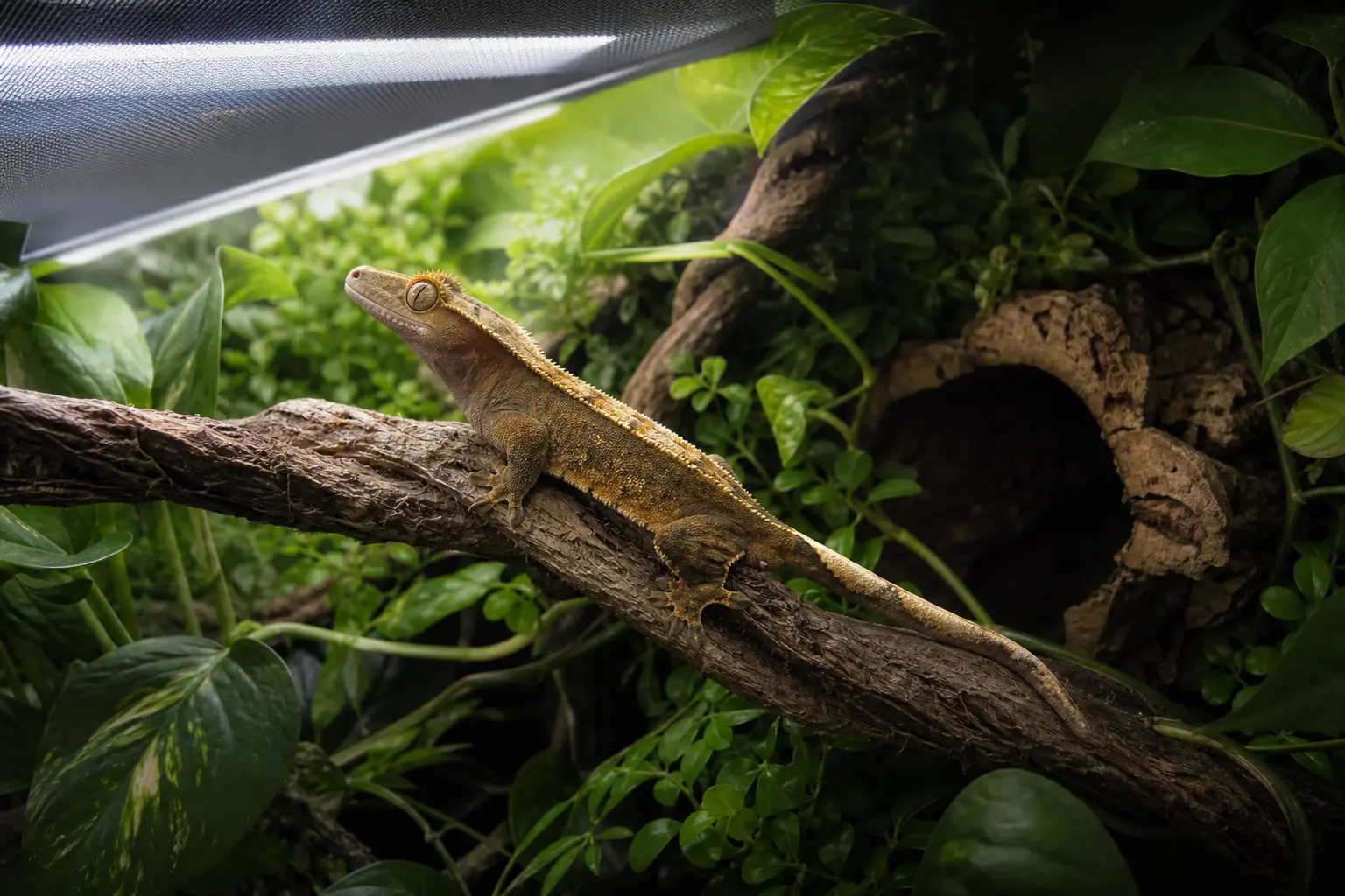 Adult crested gecko resting between a gently lit upper branch and deep leafy shade beneath a linear UVB fixture.