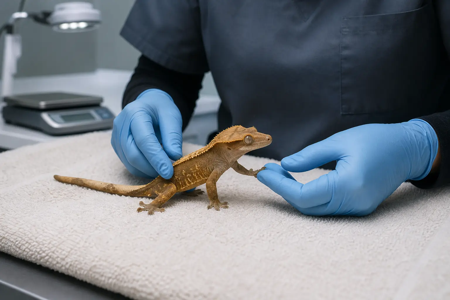 Adult crested gecko receiving a calm routine examination from a reptile veterinarian on a clean towel.