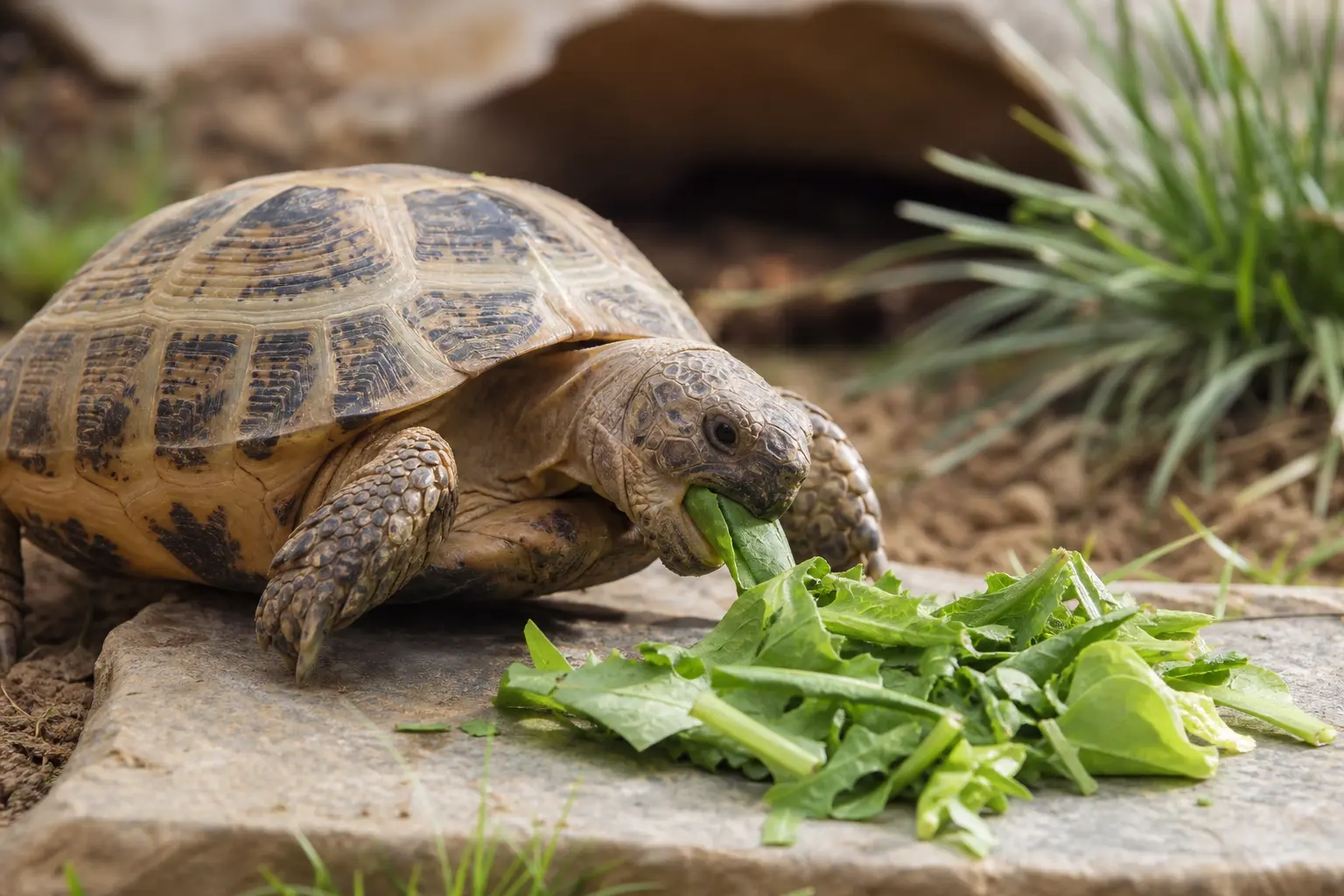 Healthy adult Russian tortoise eating fresh leafy greens in a naturalistic habitat.
