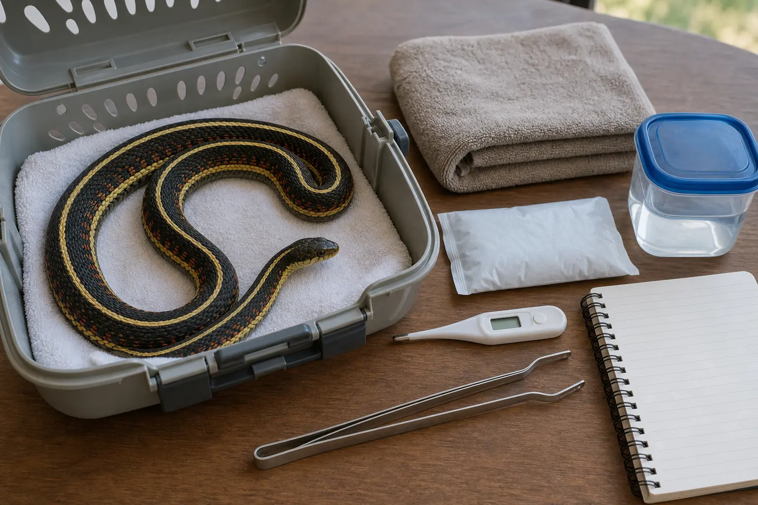 Adult common garter snake with yellow stripes, red side marks, and a clear eye beside a secure ventilated carrier, clean liner, digital thermometer, blank care notebook, and safely buffered temperature pack.