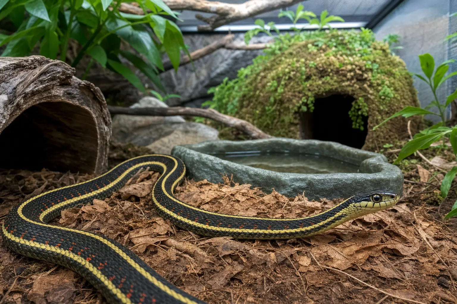 Adult common garter snake with yellow stripes, red side marks, and a clear eye inside a secure adult habitat with species-appropriate cover, routes, water, and measured climate choices.