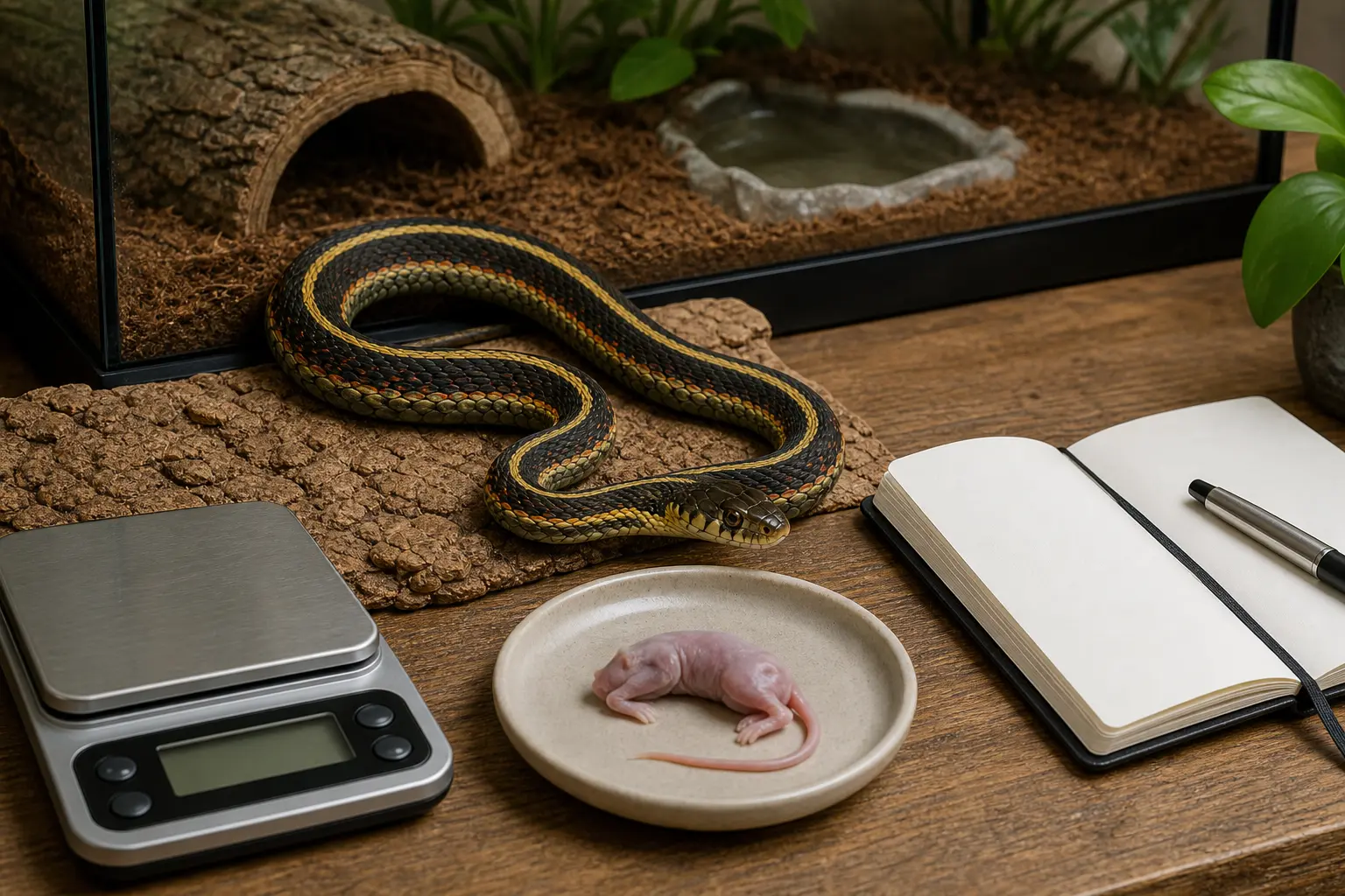 Adult common garter snake with yellow stripes, red side marks, and a clear eye beside a measured meal, a gram scale, clean feeding tools, and a closed care notebook.
