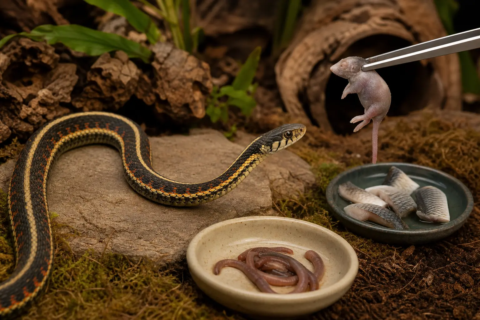Adult common garter snake with yellow stripes, red side marks, and a clear eye approaching a varied species-appropriate measured meal prepared on a clean feeding surface.
