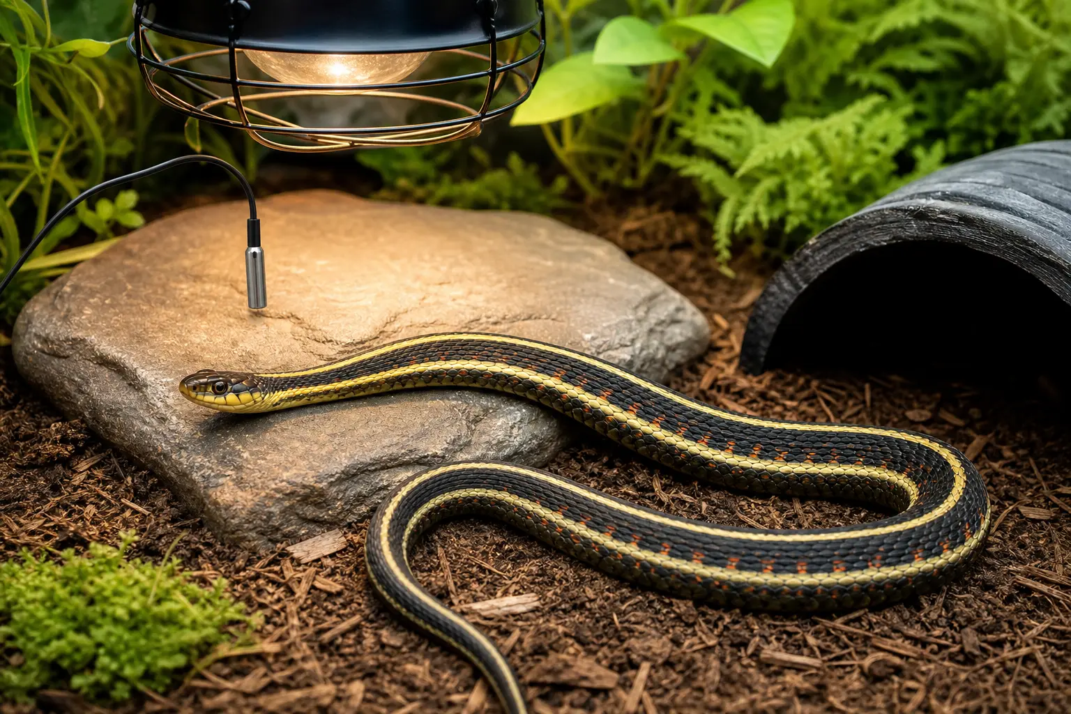 Adult common garter snake with yellow stripes, red side marks, and a clear eye using a measured warm zone beside guarded thermostat-controlled heat and a shaded cool retreat.